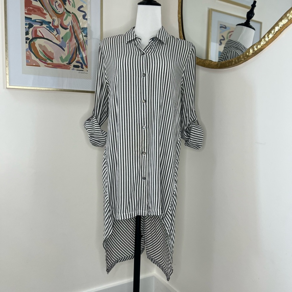 Black and White Striped Button-Up Tunic